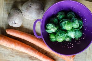 Potatoes, carrots and brussels sprouts
