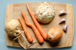 Root vegetables for lamb stew, parsnip, carrot, celeriac, onion, garlic